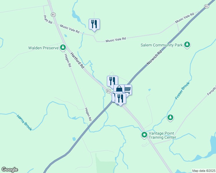 map of restaurants, bars, coffee shops, grocery stores, and more near 36 Hartford Road in Salem