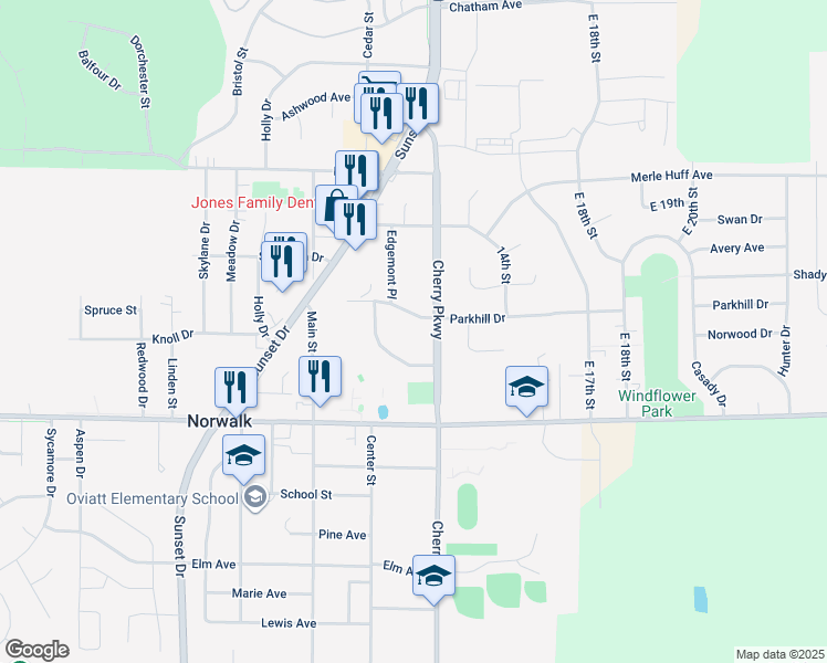 map of restaurants, bars, coffee shops, grocery stores, and more near 1116 Parkhill Drive in Norwalk