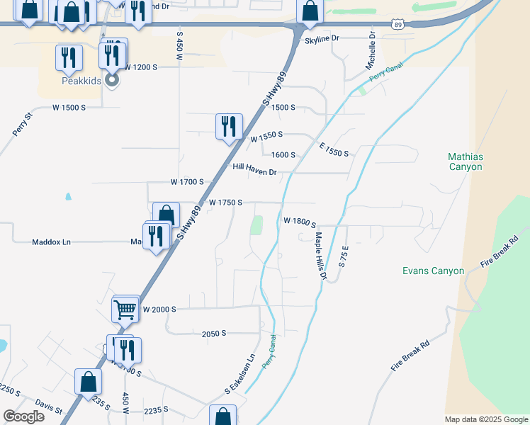 map of restaurants, bars, coffee shops, grocery stores, and more near 134 1775 South in Perry