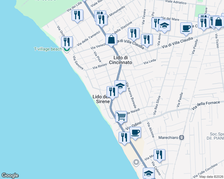 map of restaurants, bars, coffee shops, grocery stores, and more near 97 Via delle Castalidi in Anzio