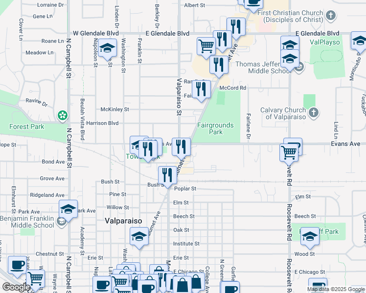 map of restaurants, bars, coffee shops, grocery stores, and more near 1015 Calumet Avenue in Valparaiso