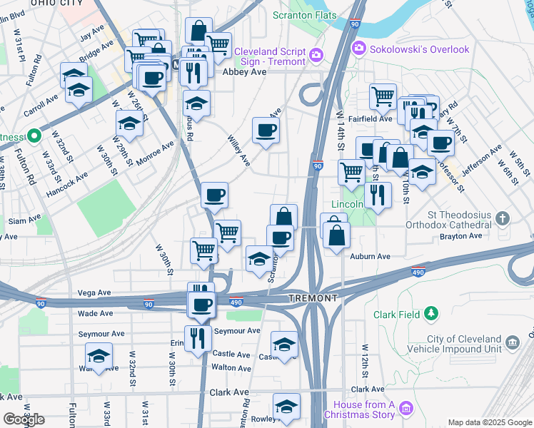 map of restaurants, bars, coffee shops, grocery stores, and more near 2518 West 18th Place in Cleveland