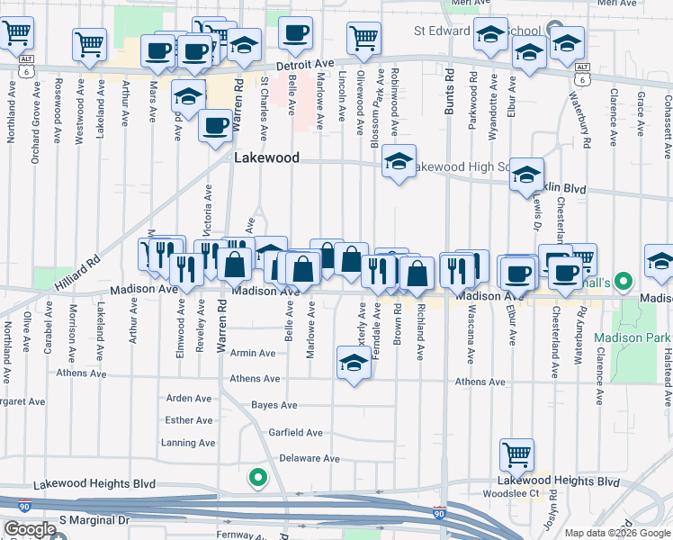 map of restaurants, bars, coffee shops, grocery stores, and more near 1666 Lincoln Avenue in Lakewood