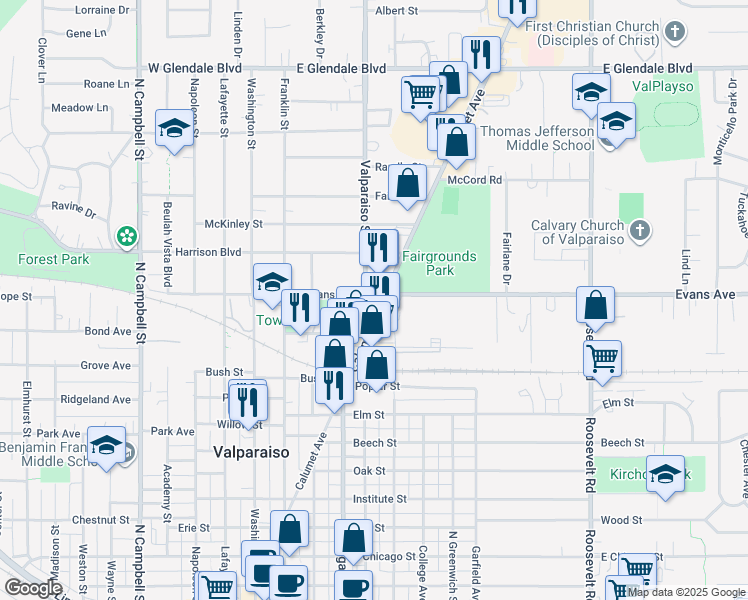 map of restaurants, bars, coffee shops, grocery stores, and more near 1015 Calumet Avenue in Valparaiso