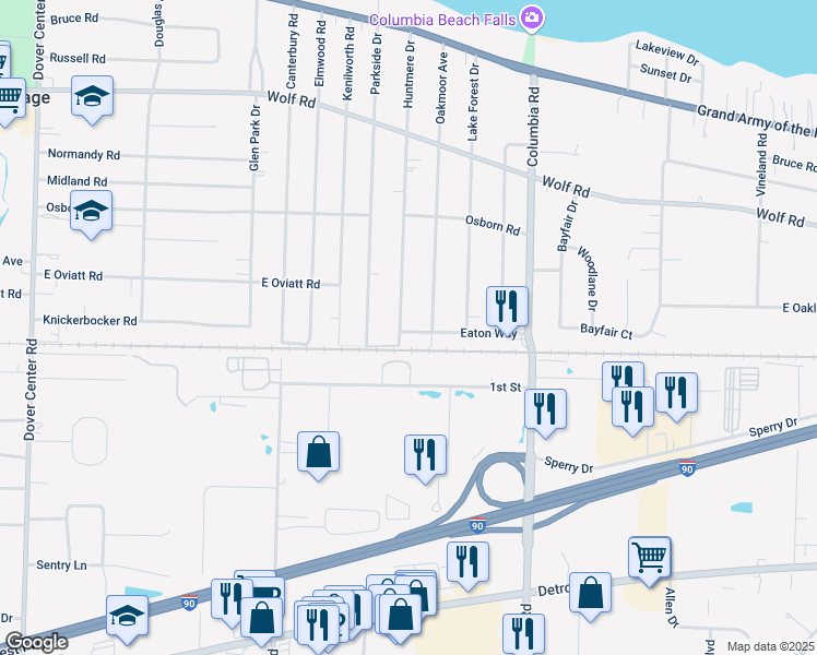 map of restaurants, bars, coffee shops, grocery stores, and more near 613 Huntmere Drive in Bay Village