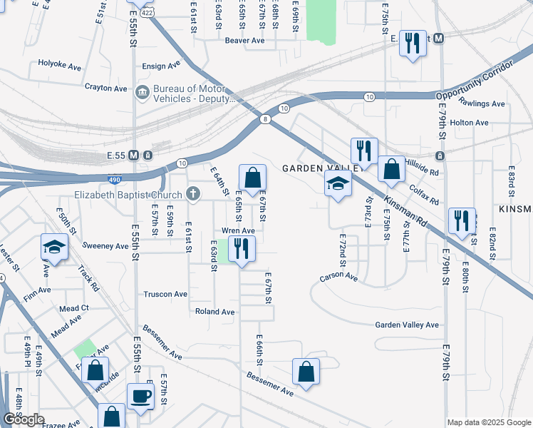 map of restaurants, bars, coffee shops, grocery stores, and more near 2957 East 67th Street in Cleveland