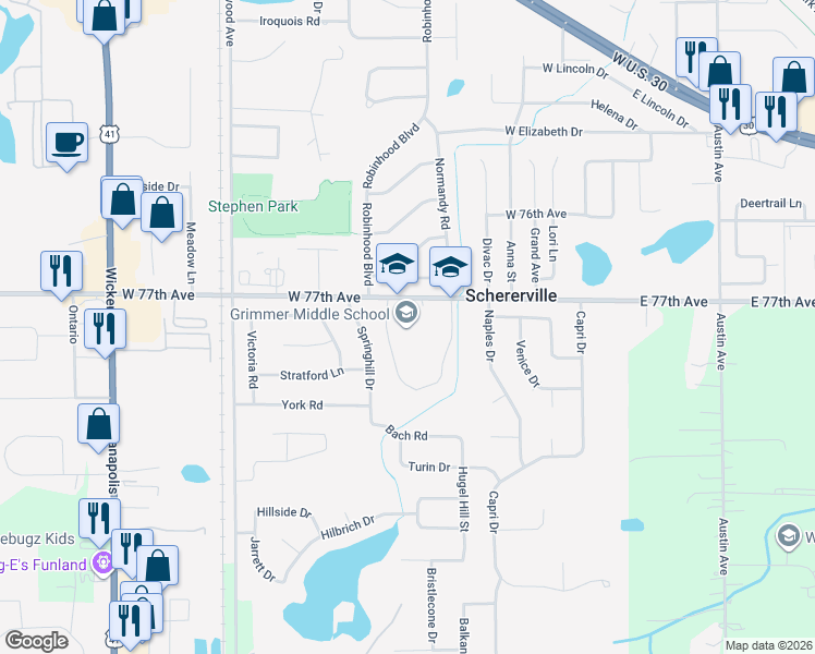 map of restaurants, bars, coffee shops, grocery stores, and more near 225 West 77th Avenue in Schererville