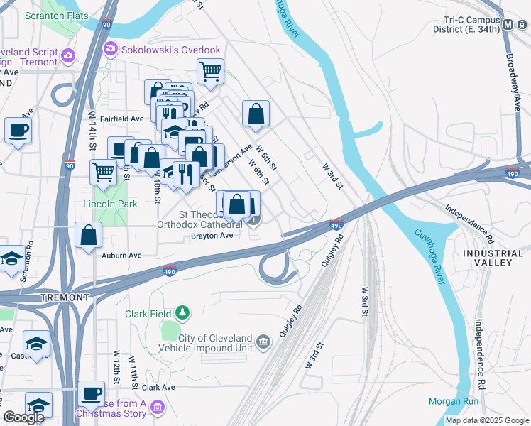 map of restaurants, bars, coffee shops, grocery stores, and more near 2532 West 7th Street in Cleveland