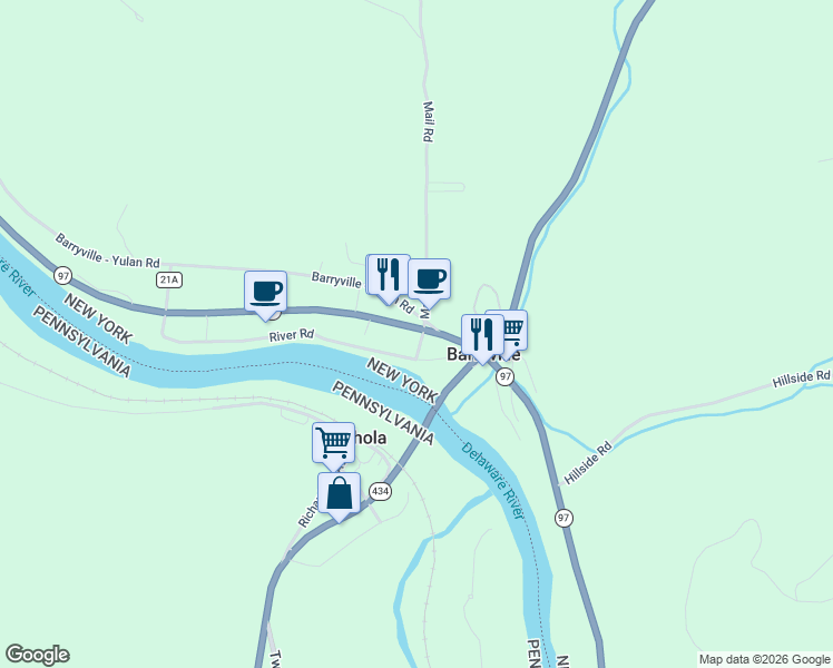map of restaurants, bars, coffee shops, grocery stores, and more near 3385 New York 97 in Barryville