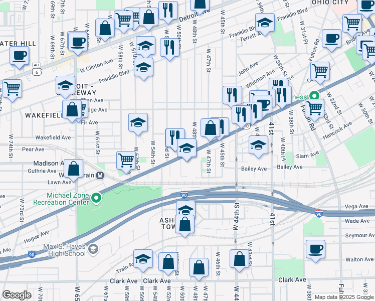 map of restaurants, bars, coffee shops, grocery stores, and more near 4744 Lorain Avenue in Cleveland