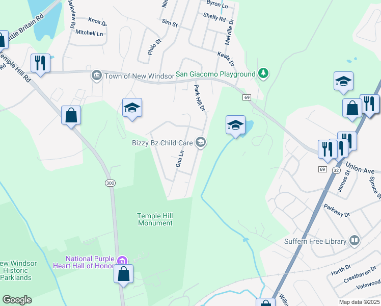 map of restaurants, bars, coffee shops, grocery stores, and more near 34 Park Hill Drive in New Windsor