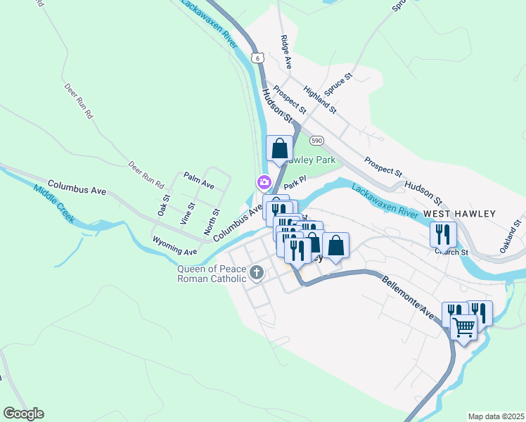 map of restaurants, bars, coffee shops, grocery stores, and more near 120 Main Ave in Hawley