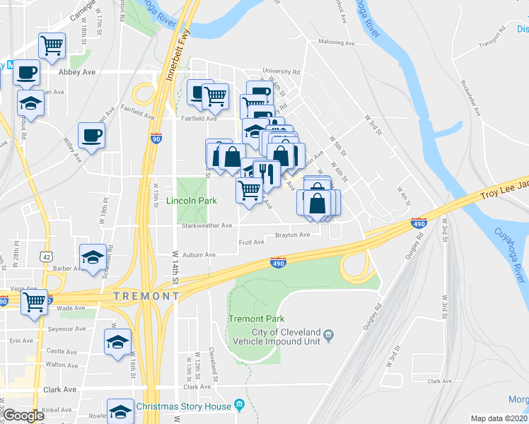 map of restaurants, bars, coffee shops, grocery stores, and more near 2458 Tremont Avenue in Cleveland
