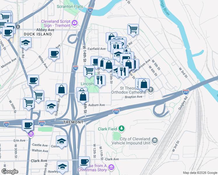 map of restaurants, bars, coffee shops, grocery stores, and more near 2479 West 11th Street in Cleveland