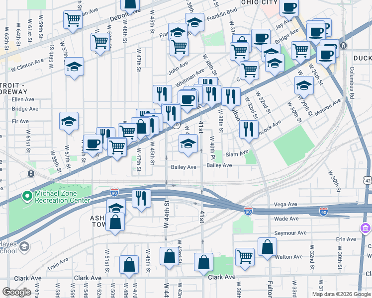 map of restaurants, bars, coffee shops, grocery stores, and more near 4317 Apple Avenue in Cleveland