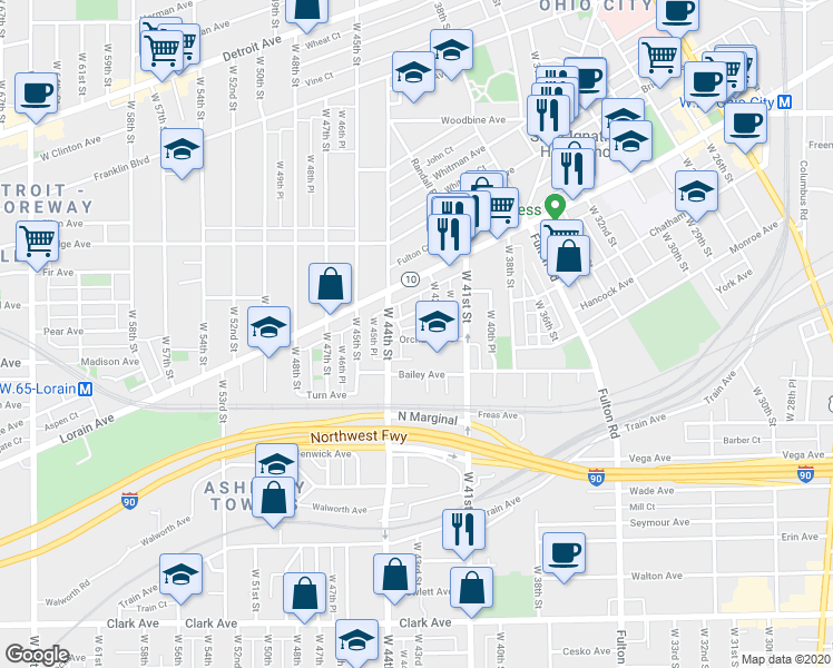 map of restaurants, bars, coffee shops, grocery stores, and more near 4317 Apple Avenue in Cleveland