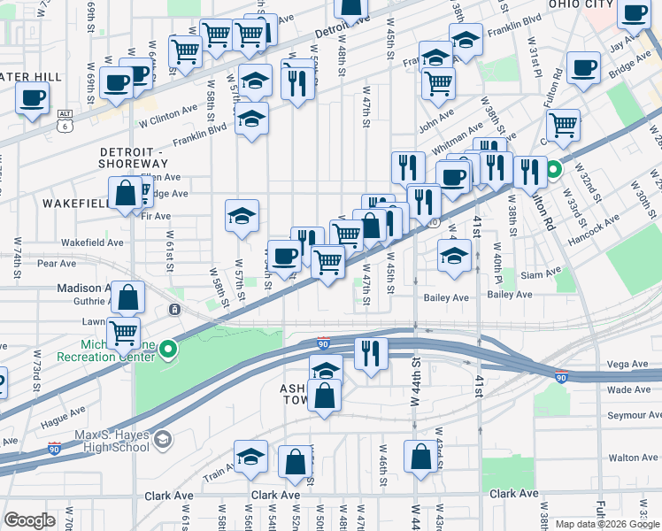 map of restaurants, bars, coffee shops, grocery stores, and more near 4744 Lorain Avenue in Cleveland