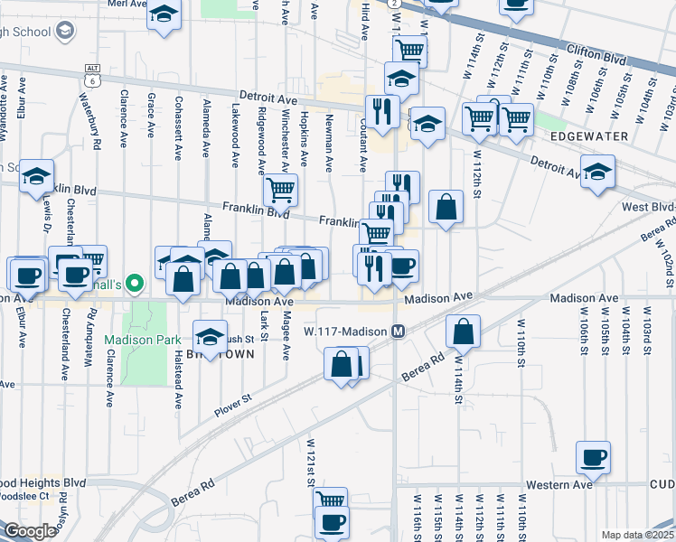 map of restaurants, bars, coffee shops, grocery stores, and more near 1616 Coutant Avenue in Lakewood