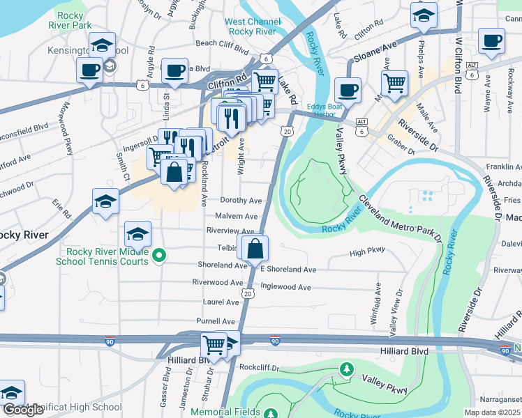map of restaurants, bars, coffee shops, grocery stores, and more near 19222 Malvern Avenue in Rocky River