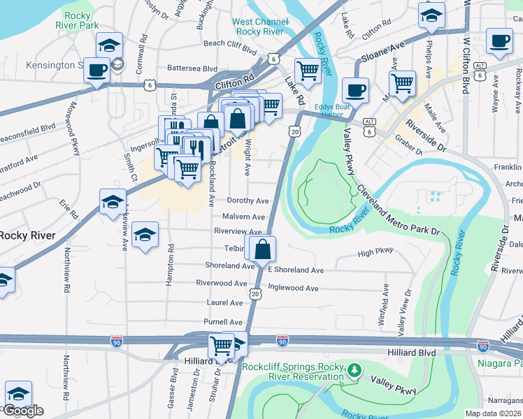 map of restaurants, bars, coffee shops, grocery stores, and more near 19222 Malvern Avenue in Rocky River