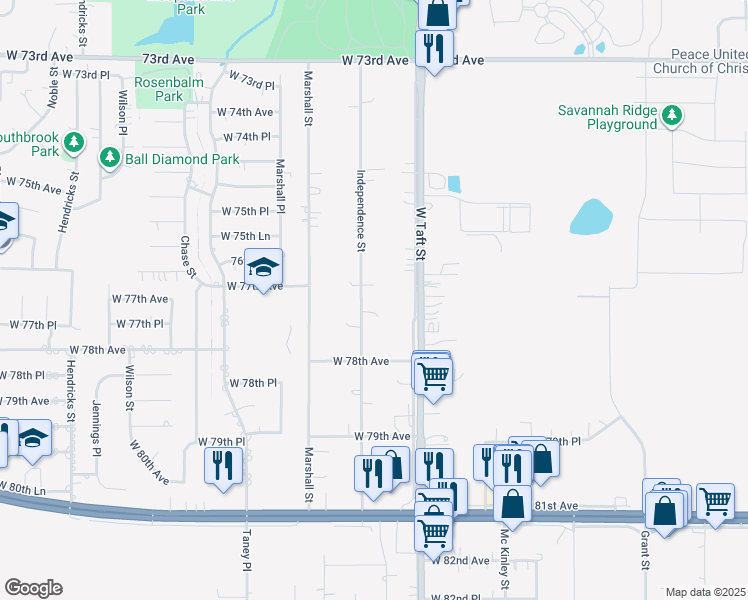 map of restaurants, bars, coffee shops, grocery stores, and more near 7703 Independence Street in Merrillville