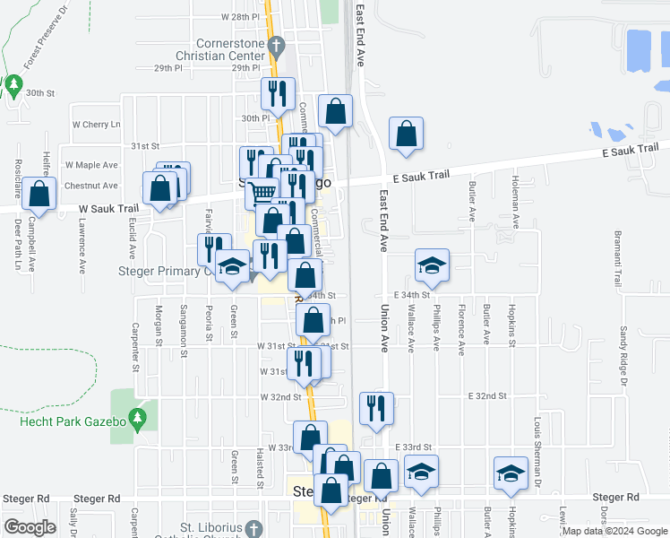 map of restaurants, bars, coffee shops, grocery stores, and more near 3333 Commercial Avenue in Chicago Heights