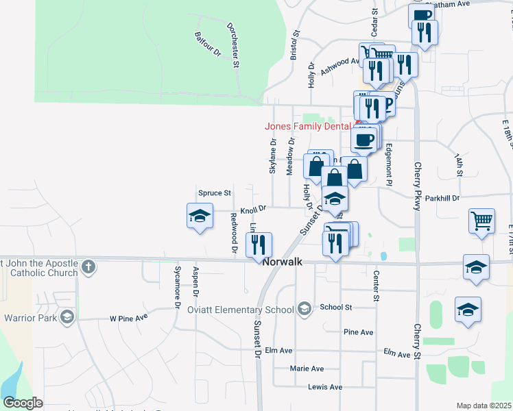 map of restaurants, bars, coffee shops, grocery stores, and more near 1008 Linden Street in Norwalk