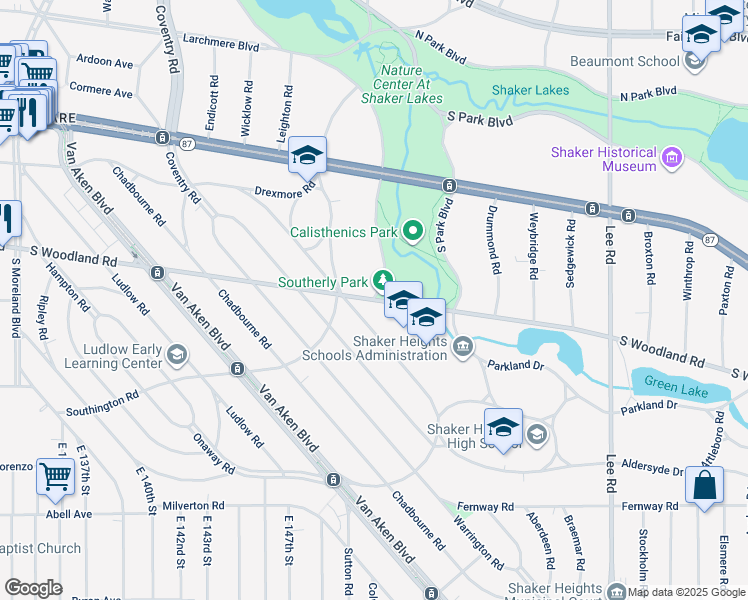 map of restaurants, bars, coffee shops, grocery stores, and more near 15400 South Woodland Road in Shaker Heights