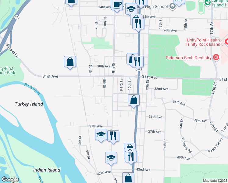 map of restaurants, bars, coffee shops, grocery stores, and more near 3159 Martin Luther King Drive in Rock Island
