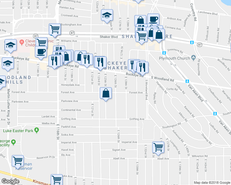 map of restaurants, bars, coffee shops, grocery stores, and more near East 126th Street in Cleveland
