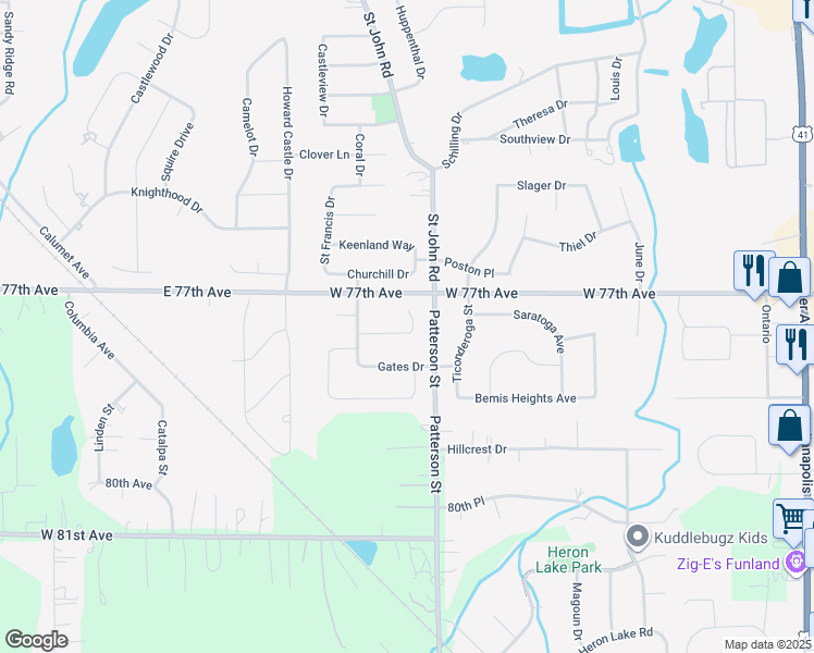 map of restaurants, bars, coffee shops, grocery stores, and more near 1424 Madelene Grace Court in Schererville