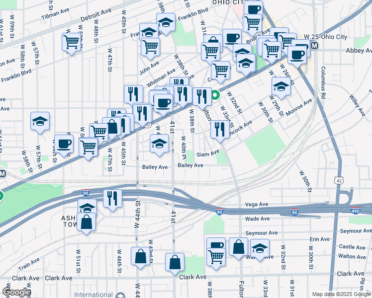 map of restaurants, bars, coffee shops, grocery stores, and more near 2161 West 40th Place in Cleveland