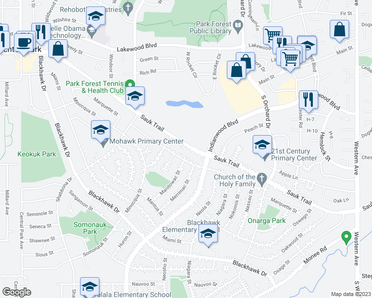 map of restaurants, bars, coffee shops, grocery stores, and more near 215 Sauk Trail in Park Forest