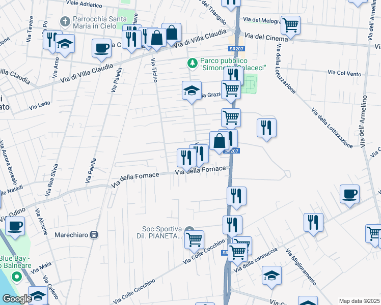 map of restaurants, bars, coffee shops, grocery stores, and more near 95 Via Ticino in Anzio