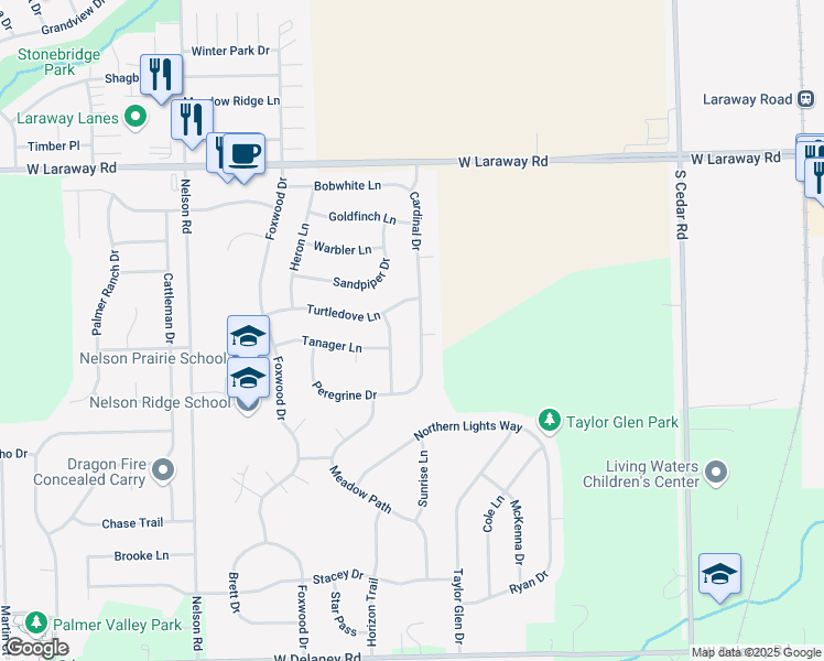 map of restaurants, bars, coffee shops, grocery stores, and more near 2347 Cardinal Drive in New Lenox