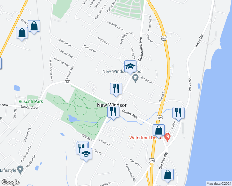 map of restaurants, bars, coffee shops, grocery stores, and more near 194 Quassaick Avenue in New Windsor