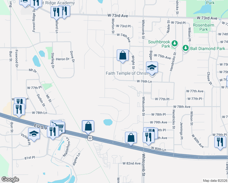 map of restaurants, bars, coffee shops, grocery stores, and more near 4391 West 77th Avenue in Merrillville