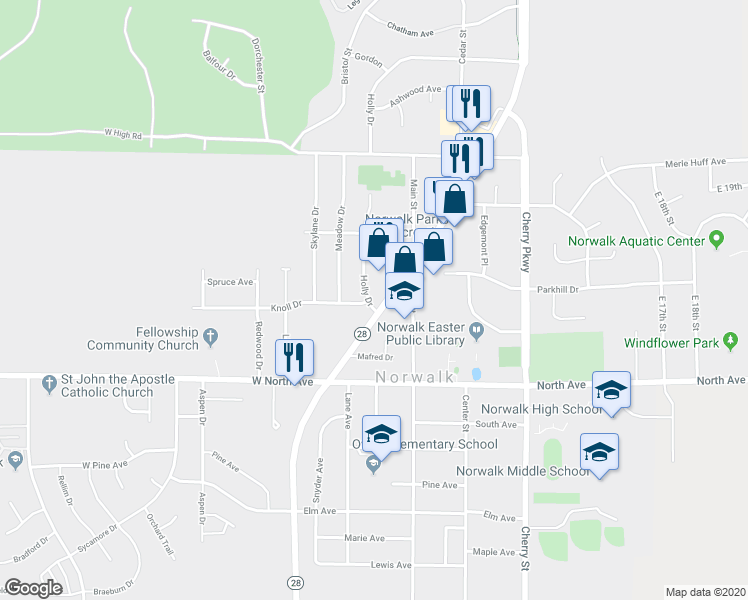 map of restaurants, bars, coffee shops, grocery stores, and more near 1011 Sunset Drive in Norwalk