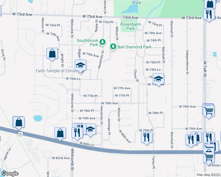 map of restaurants, bars, coffee shops, grocery stores, and more near 3419 West 77th Avenue in Merrillville
