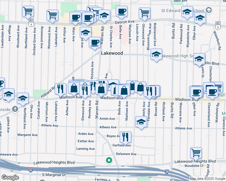 map of restaurants, bars, coffee shops, grocery stores, and more near 1663 Saint Charles Avenue in Lakewood