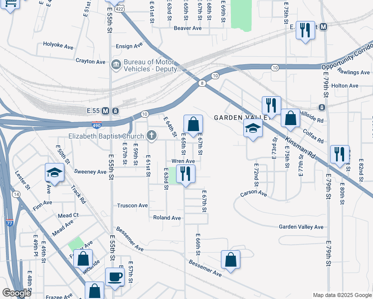 map of restaurants, bars, coffee shops, grocery stores, and more near 2957 East 65th Street in Cleveland