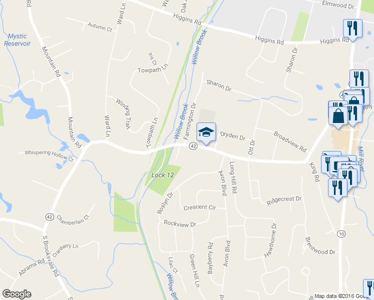 map of restaurants, bars, coffee shops, grocery stores, and more near 445 North Brooksvale Road in Cheshire