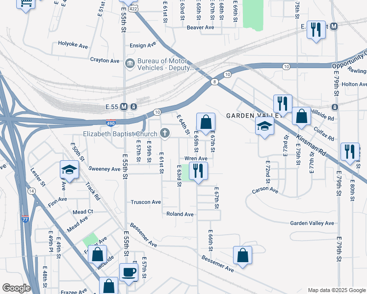 map of restaurants, bars, coffee shops, grocery stores, and more near 2971 East 63rd Street in Cleveland