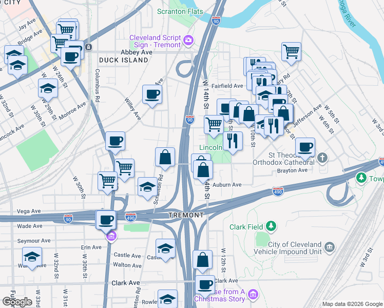 map of restaurants, bars, coffee shops, grocery stores, and more near 2514 West 15th Street in Cleveland