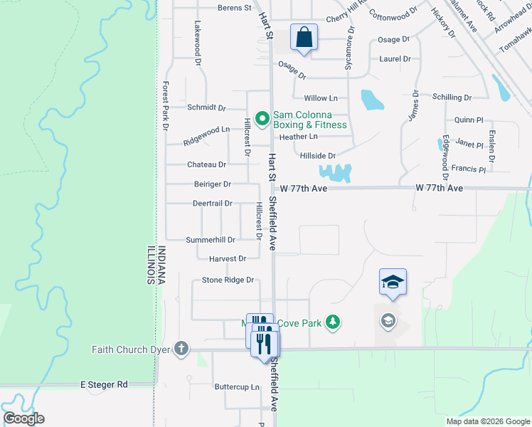 map of restaurants, bars, coffee shops, grocery stores, and more near 2961 Hillcrest Drive in Dyer