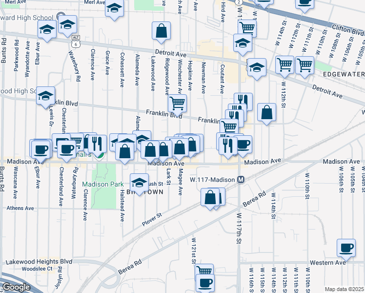 map of restaurants, bars, coffee shops, grocery stores, and more near 1619 Winchester Avenue in Lakewood
