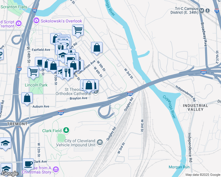 map of restaurants, bars, coffee shops, grocery stores, and more near 2557 West 6th Street in Cleveland