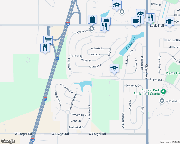 map of restaurants, bars, coffee shops, grocery stores, and more near 5214 Imperial Drive in Richton Park