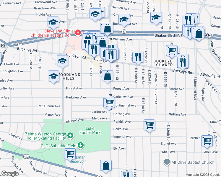 map of restaurants, bars, coffee shops, grocery stores, and more near E 116th St & Forest Ave in Cleveland