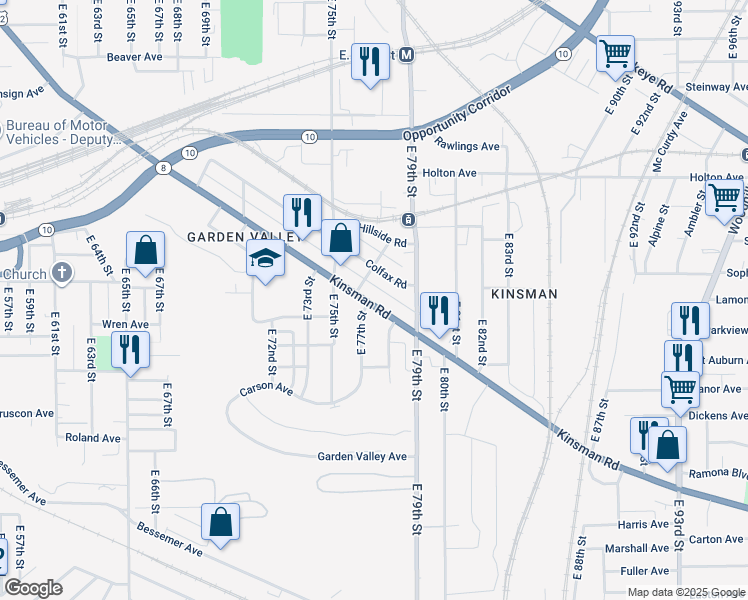 map of restaurants, bars, coffee shops, grocery stores, and more near 7711 Kinsman Road in Cleveland